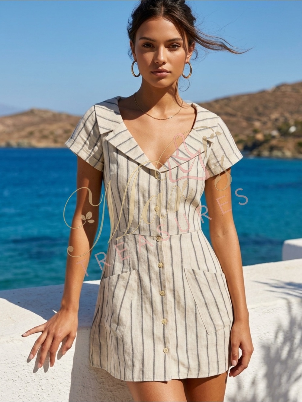 Reformation Cream Striped Button Up Linen Mini Dress Sz 6 - Picture 10 of 10